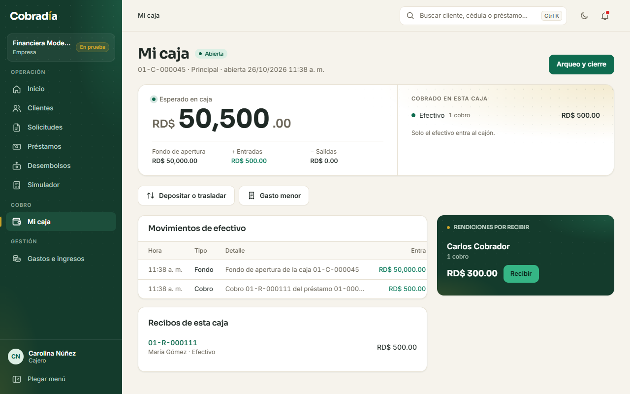 Mi caja: esperado en caja, cobros del día y arqueo
