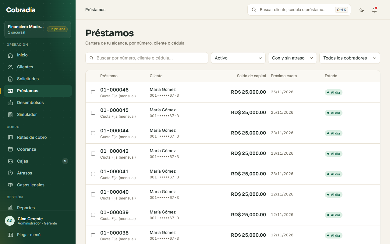 La lista de préstamos con estado, cuota y atraso